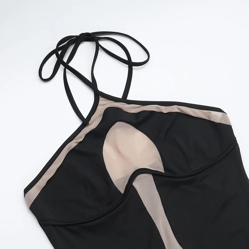 Black Mesh Patchwork Halter Bodycon Midi Dress