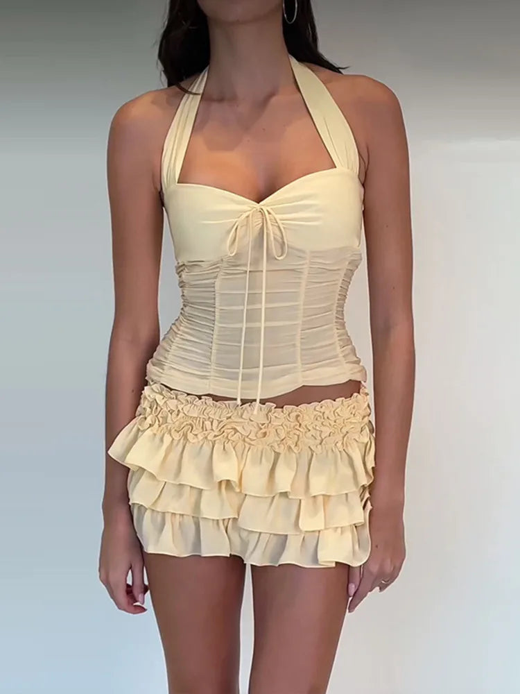 Ruffle Yellow Halter Crop Top And Mini Skirt Matching Set