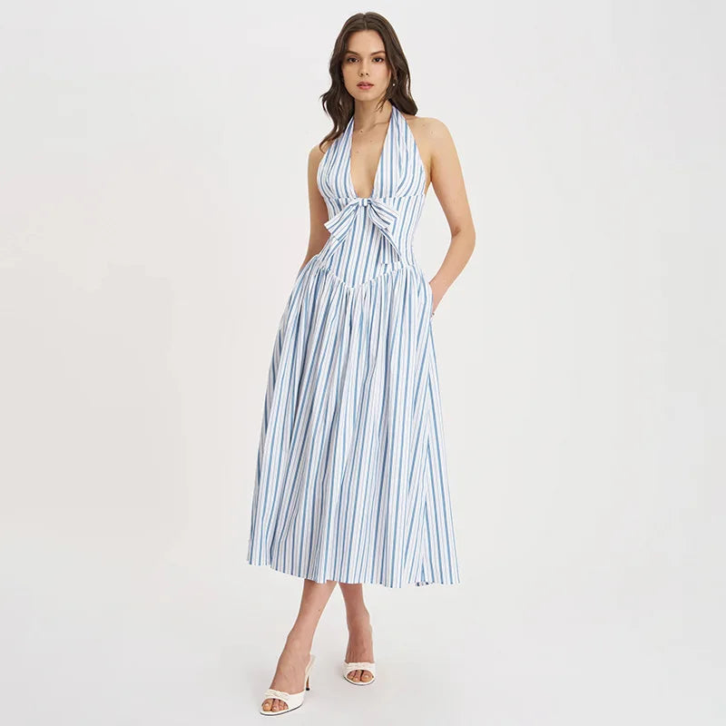 Blue Stripe Deep Neck Maxi Dress