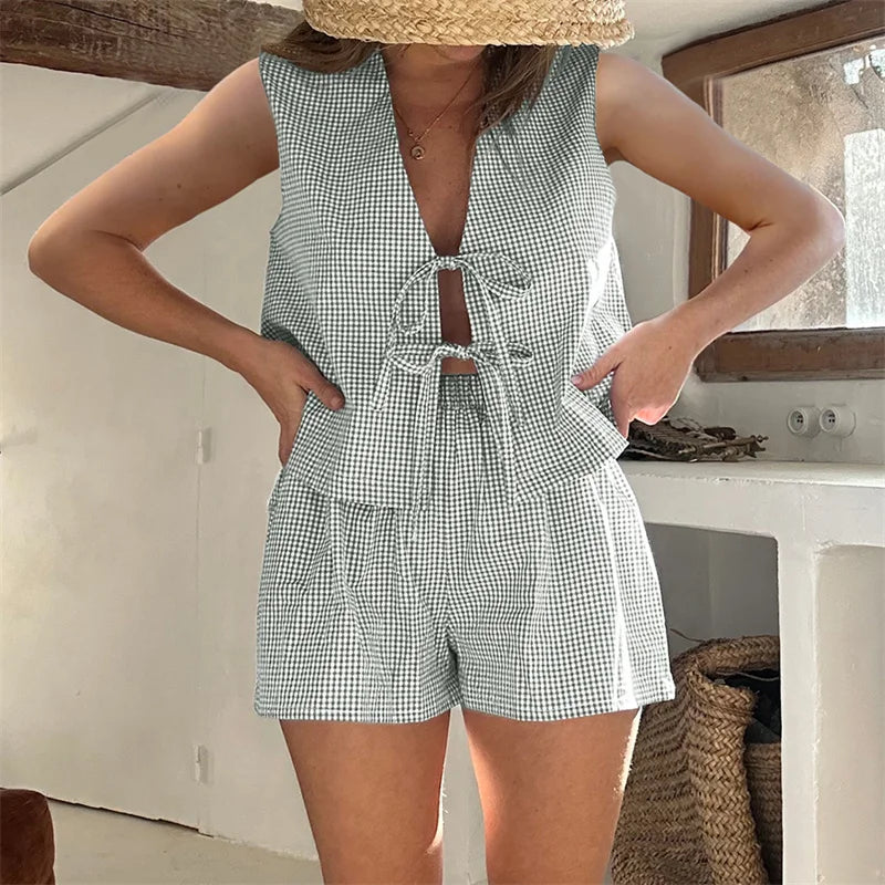 Plaid Tie Up Top And Shorts Set