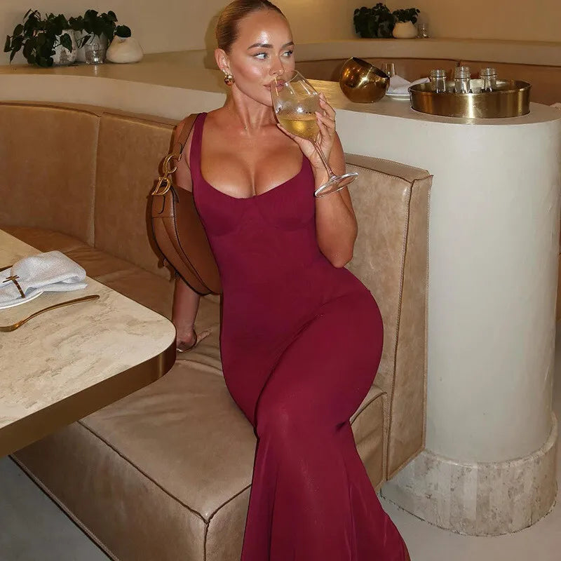 Solid Strap Mesh Bodysuit Maxi Dress
