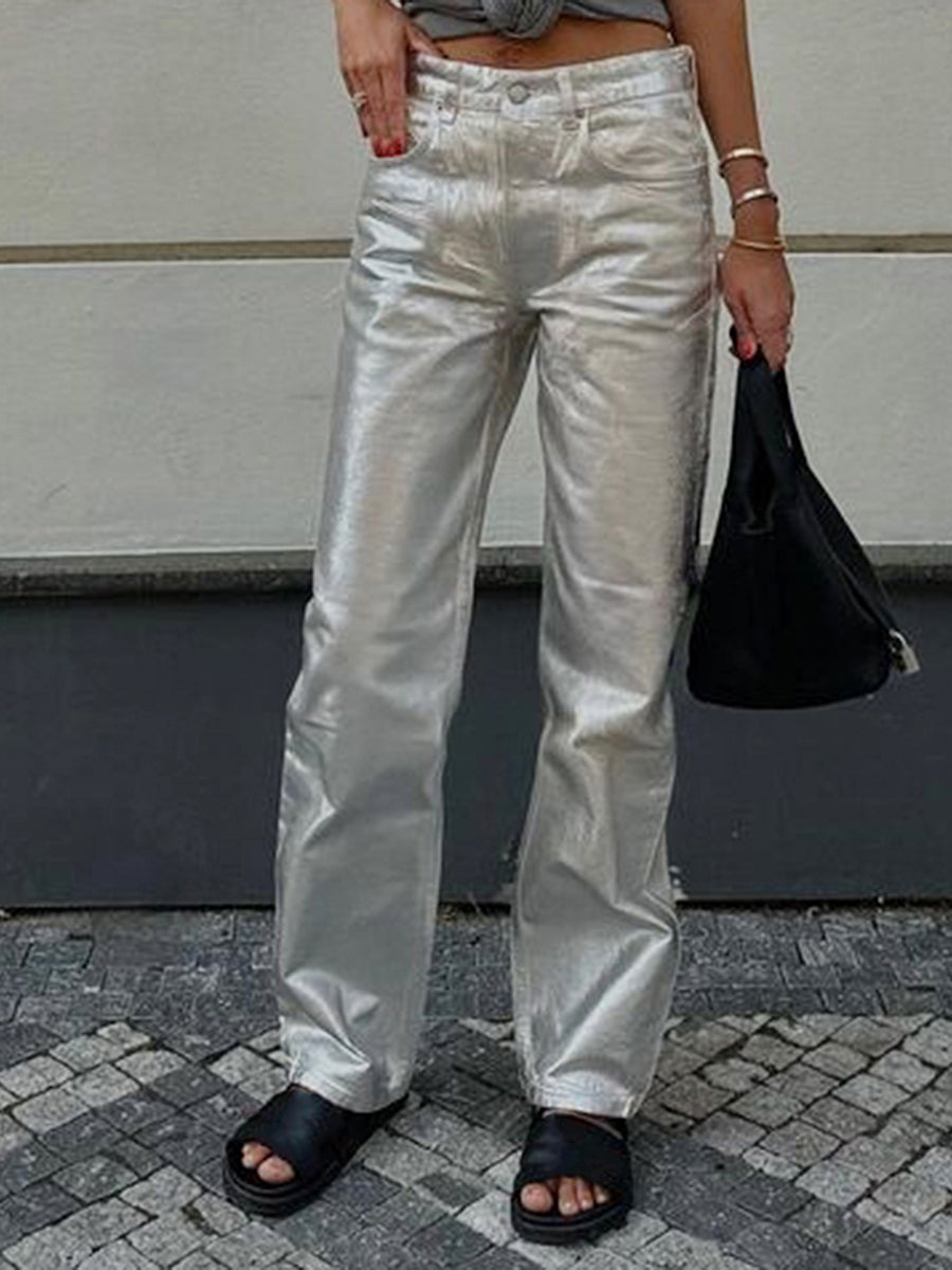 Metallic High Waist Denim Straight Leg Pants
