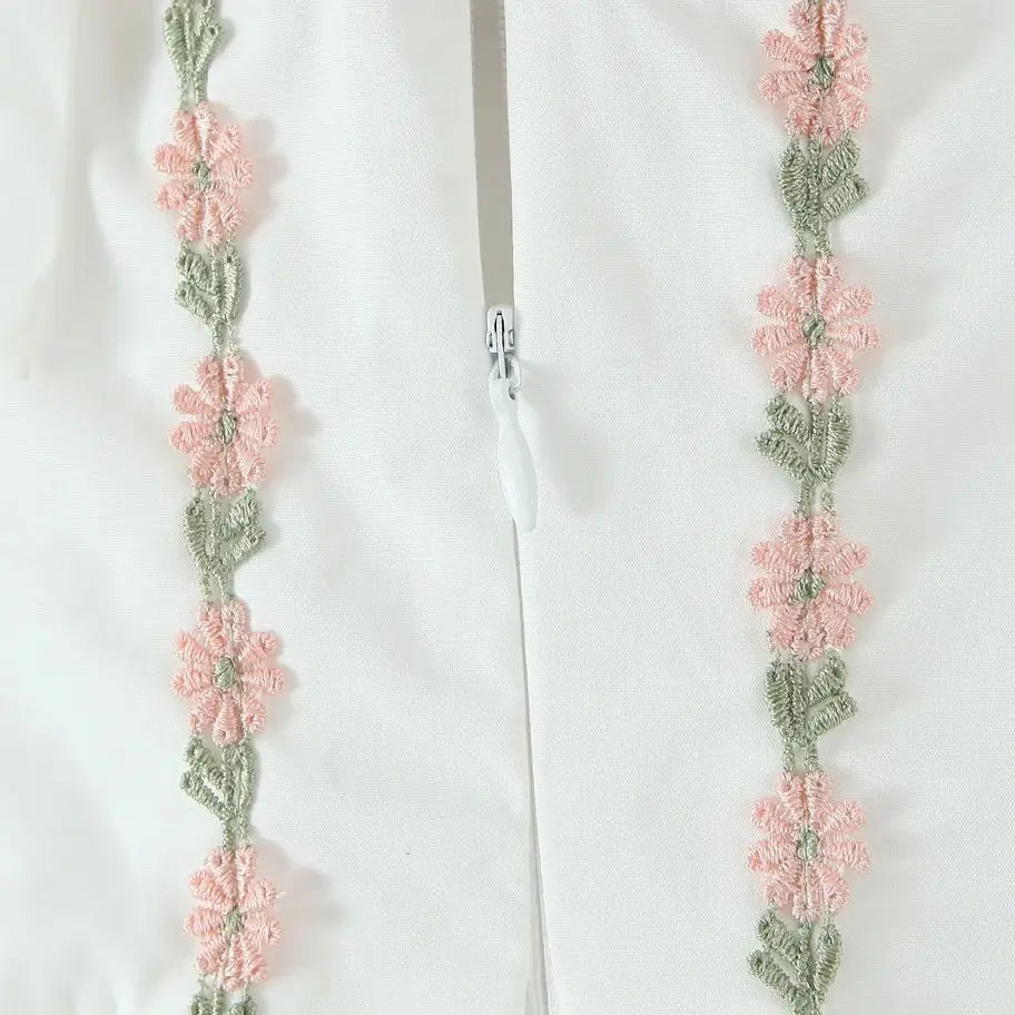 White Embroidery Flower Lapel Bow Halter Midi Dress