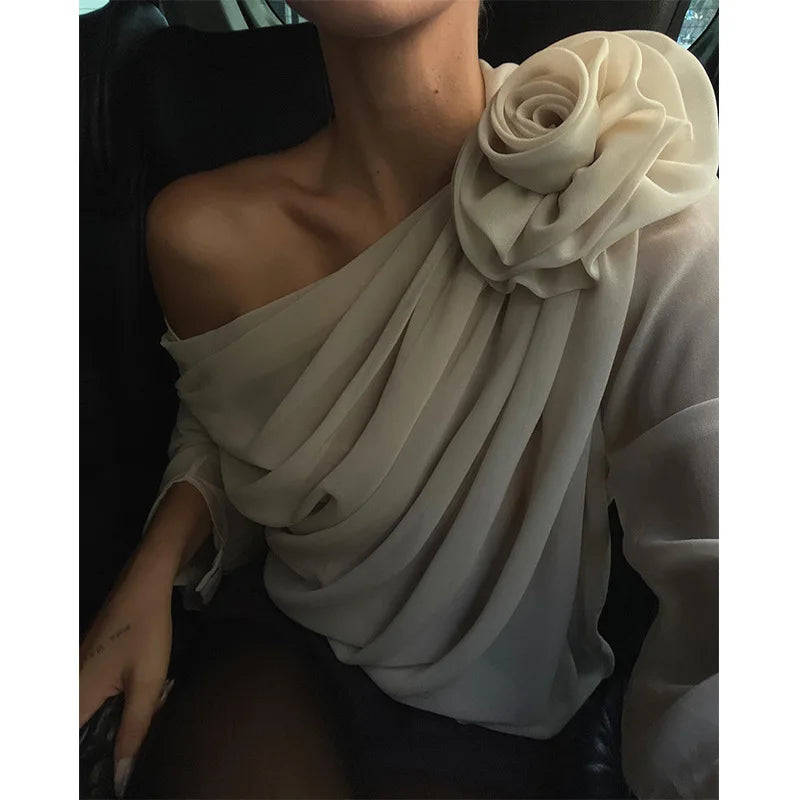 Floral Applique Mesh One Shoulder Long Sleeve Top