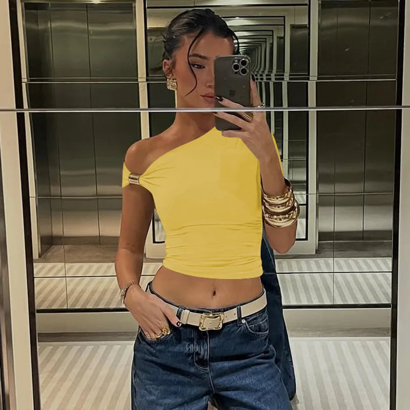 One Shoulder Asymmetrical Metal Ring Top