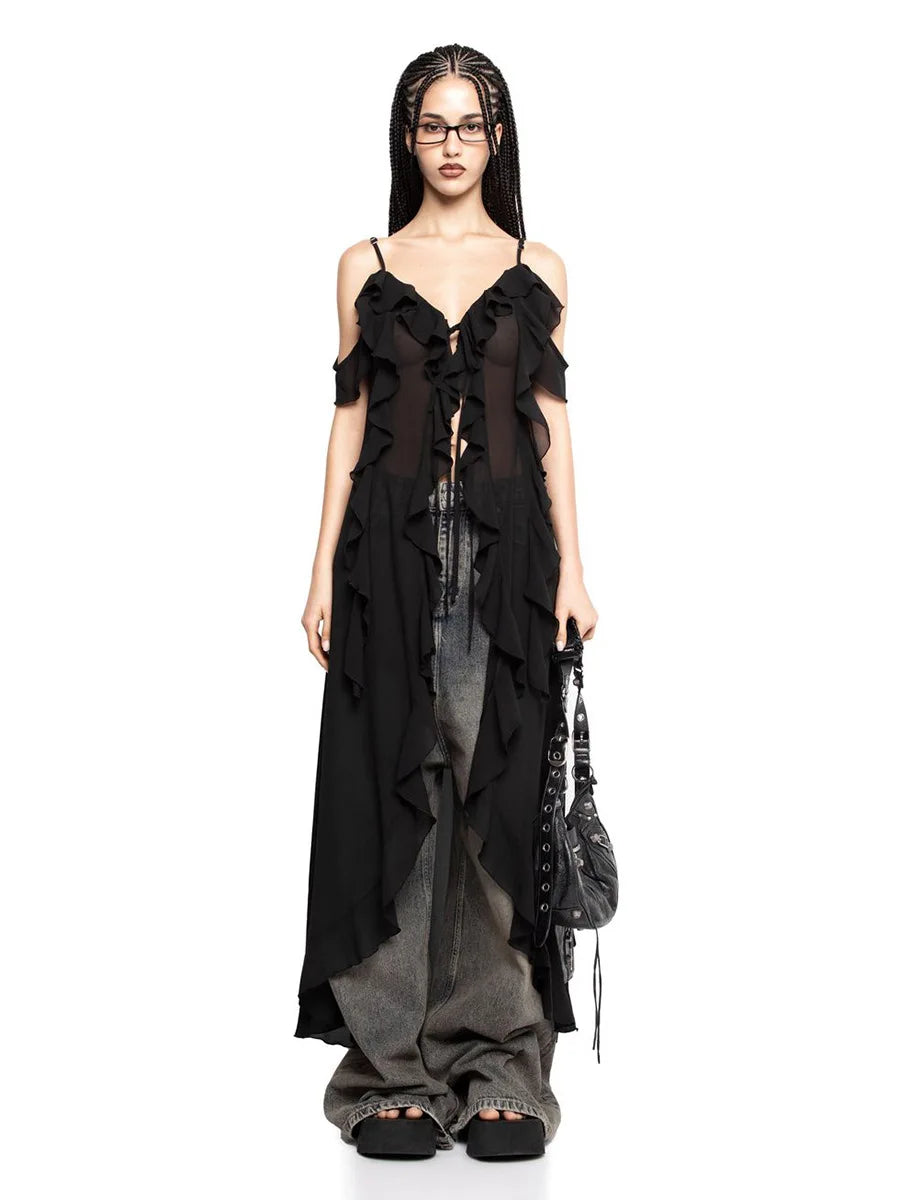 Ruffled Fringe Strap V-Neck Long Top