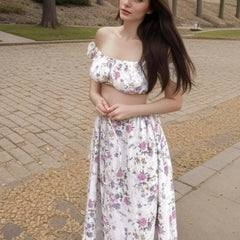 Printed Ruched Short Puff Sleeve Crop Top