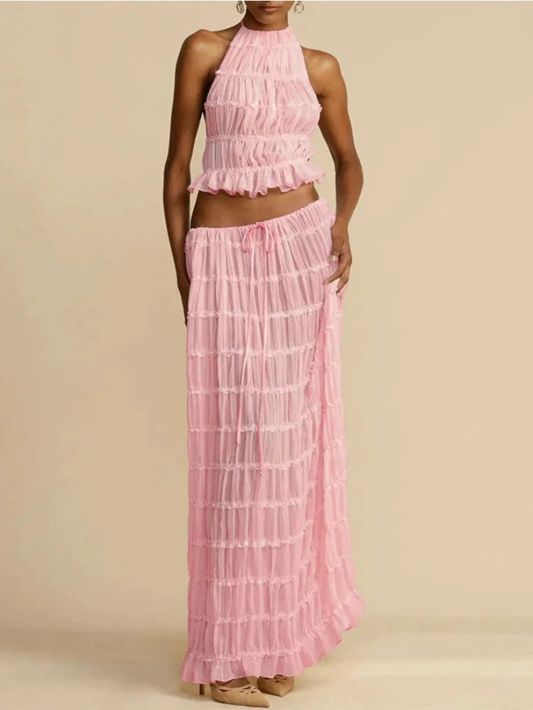 Halterneck Ruched Open Back Tie Up Top And Maxi Skirt Set