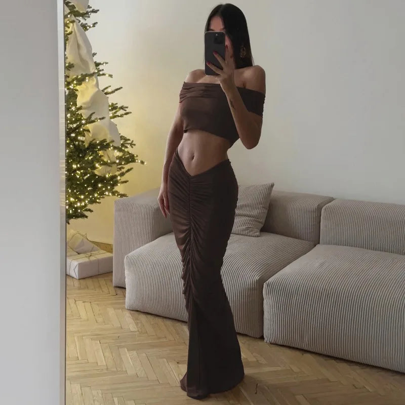 Off-shoulder Crop Top And Ruched Maxi Skirt Set