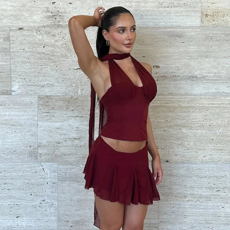 Strapless Ribbon Scarf Top And Mini Skirt Set