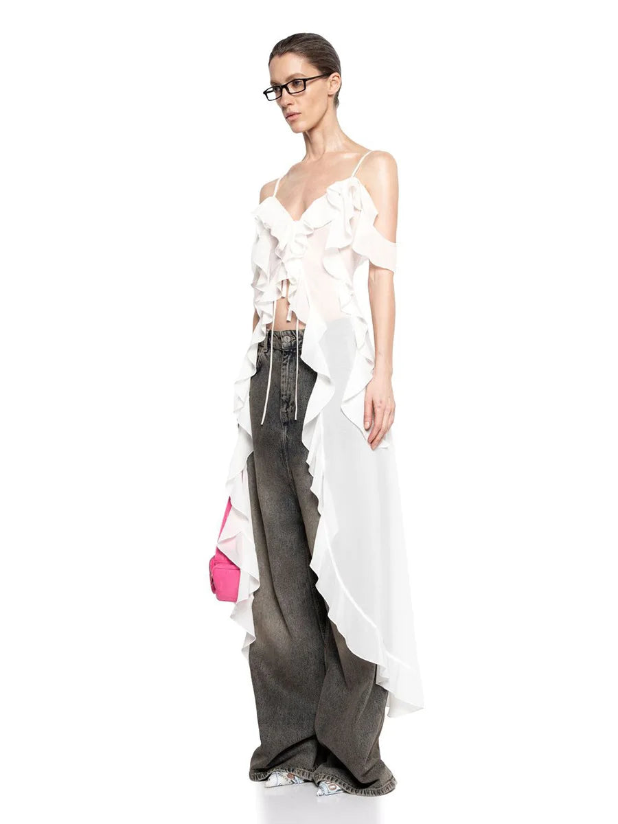 Ruffled Fringe Strap V-Neck Long Top