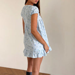 Charming Square Neck Mini Dress - Printed A-Line with Puff Sleeves