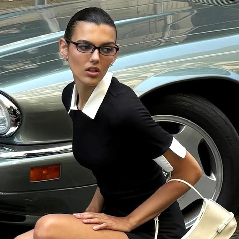 Black T-shirt Two Tone Collar Top