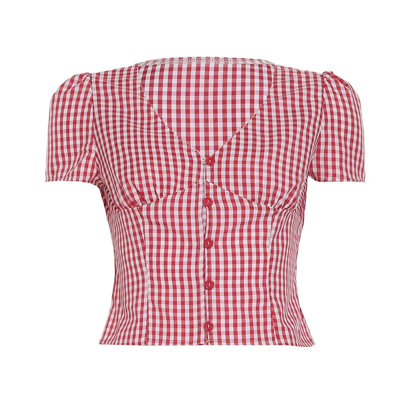 Red Plaid Button Short Sleeve Top