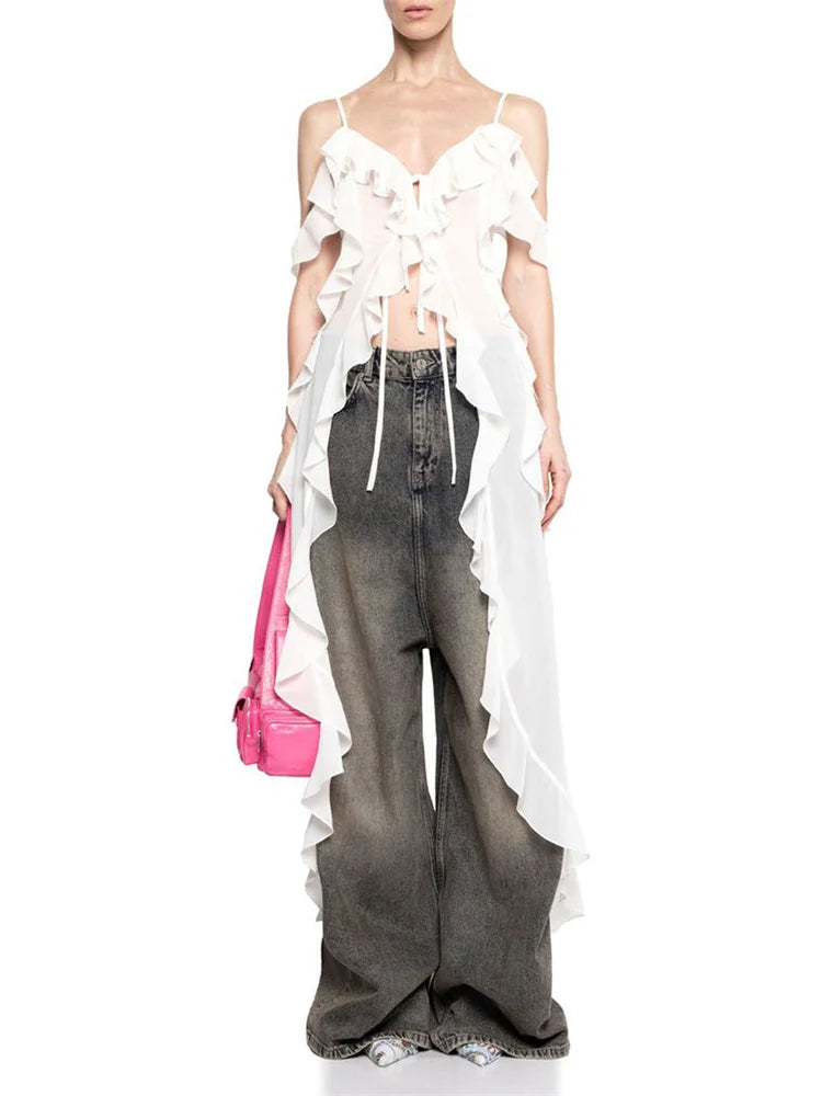 Ruffled Fringe Strap V-Neck Long Top