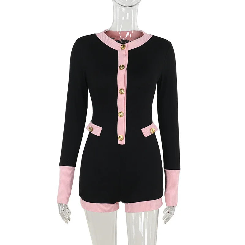 Color Block Ribbed Long Sleeve Playsuit - Gold Button Front Romper