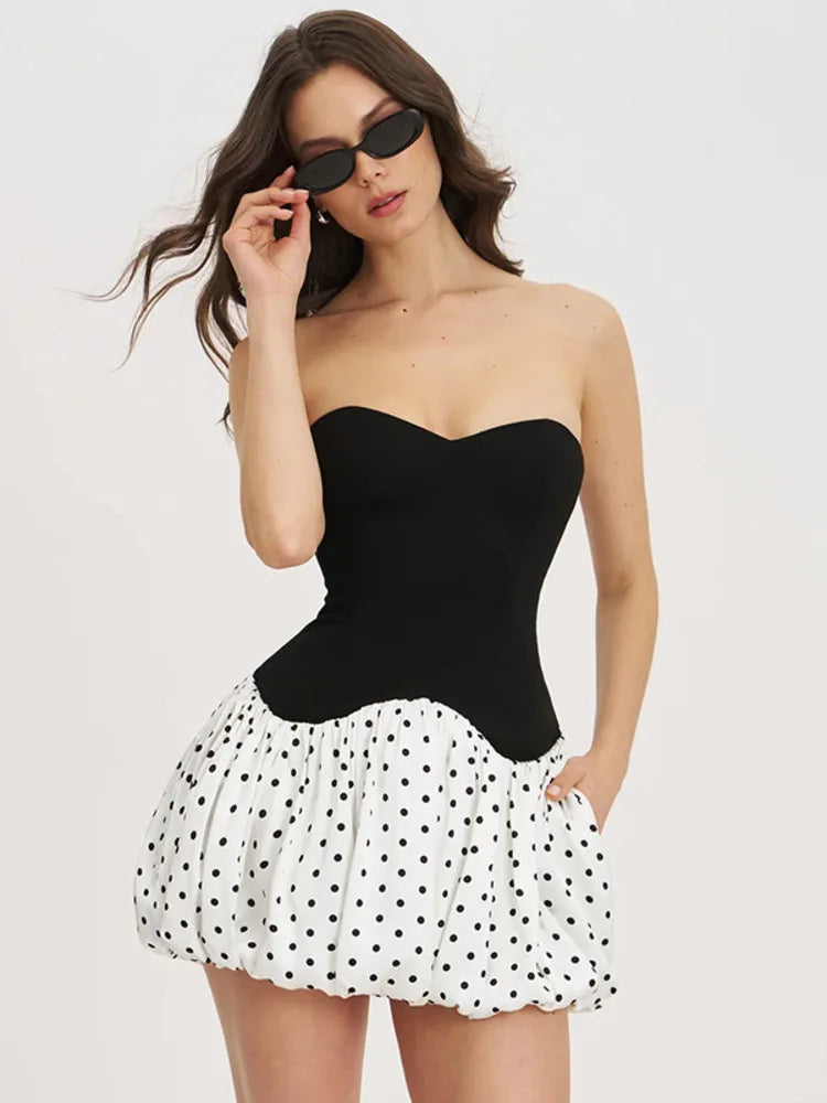 Black Patchwork Polka Dot Frill Mini Dress