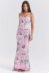 Pink Printed Corset Maxi Dres