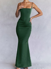 Green Satin Strappy Corset Maxi Dress