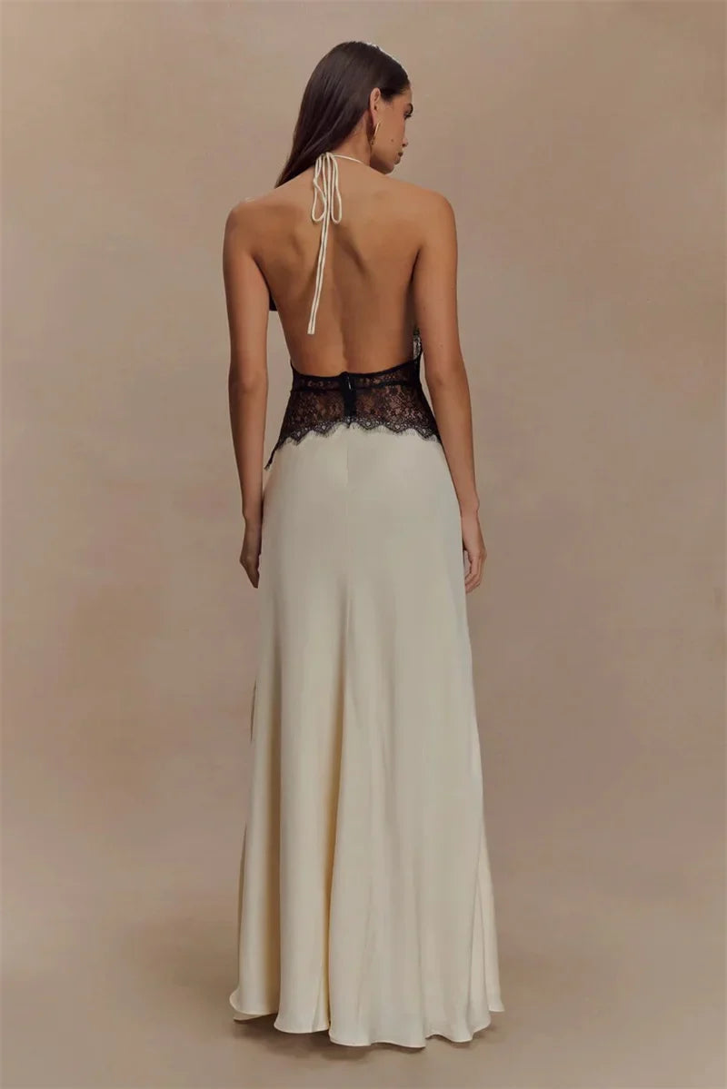 Lace Patchwork Halter Satin Maxi Dress