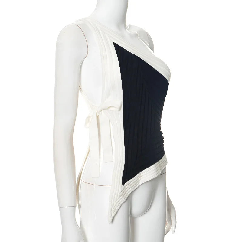 Black and White Color Block Asymmetrical One Shoulder Top
