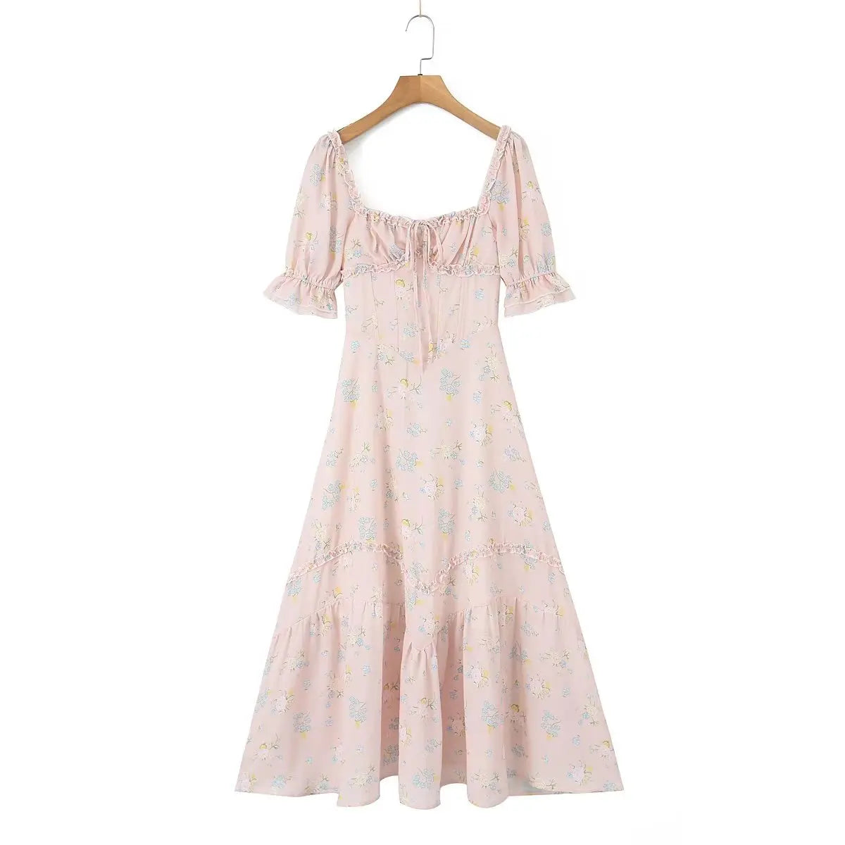 Floral Print Puff Ruffles Sleeve Midi Dress