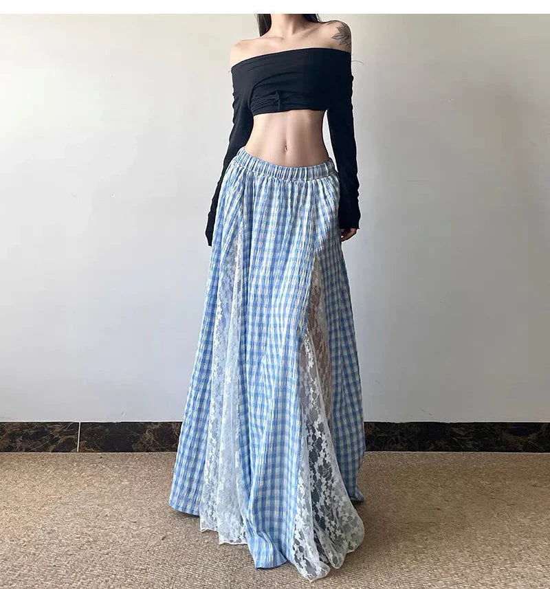 Blue Lace Patchwork Plaid Long Skirt