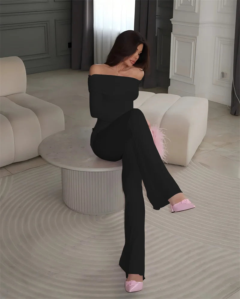 Long Sleeve Off-Shoulder Top And Ruched Pants Set