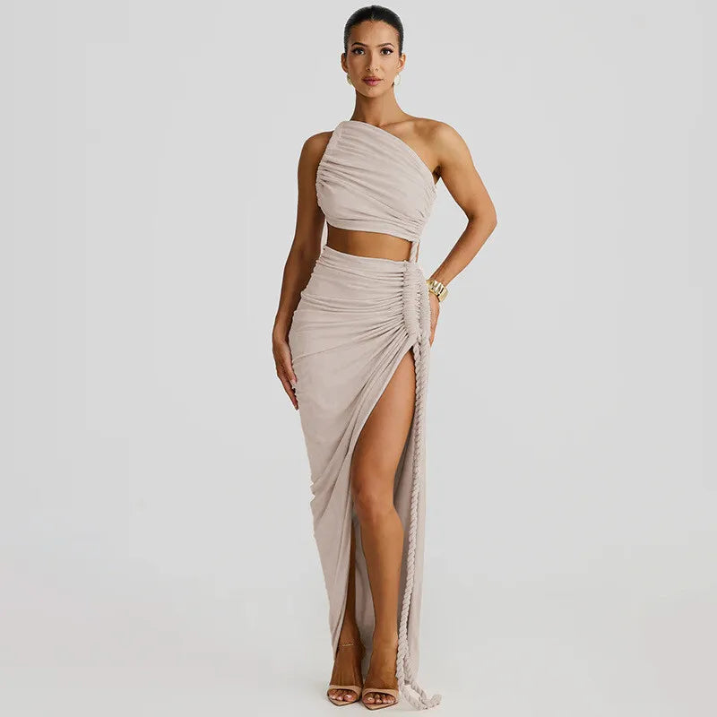 Cut Out Rope Design One Shoulder Slit Midi Dress