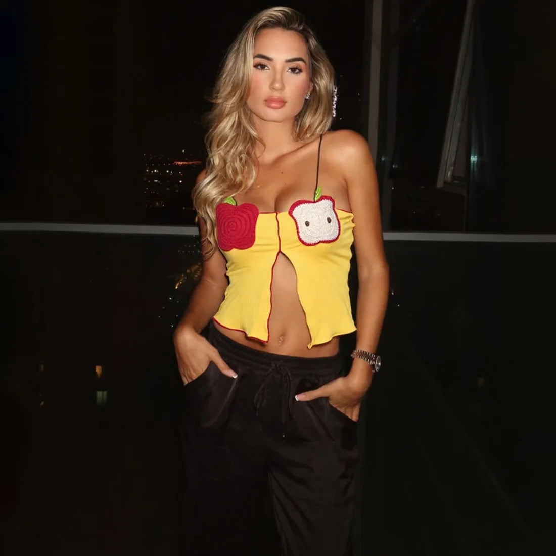 Fruit Embroidery Split Crop Top - Sweet Backless Cami