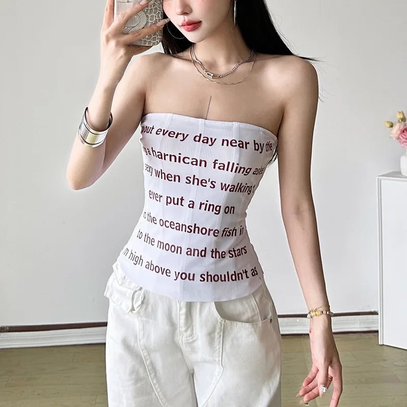 Letter Printed Mesh Tube Top - Backless Streetwear Tank
