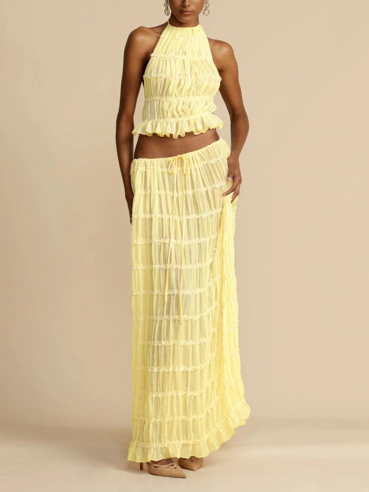 Halterneck Ruched Open Back Tie Up Top And Maxi Skirt Set