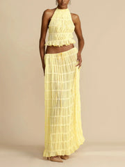 Halterneck Ruched Open Back Tie Up Top And Maxi Skirt Set