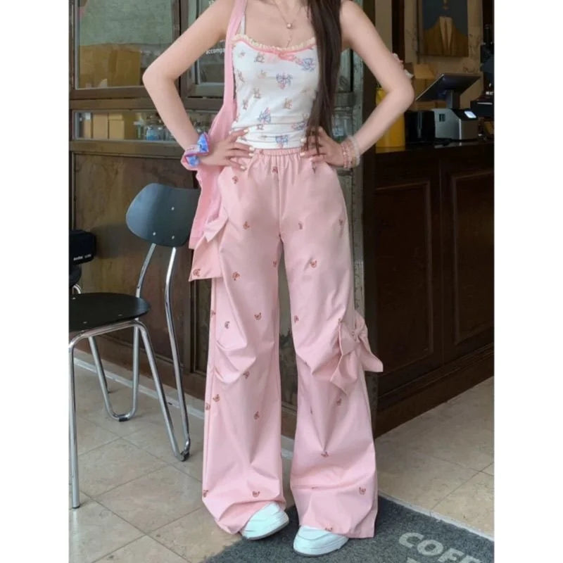 Bows Bear Printed Wide Leg Elastic Cargo Pants