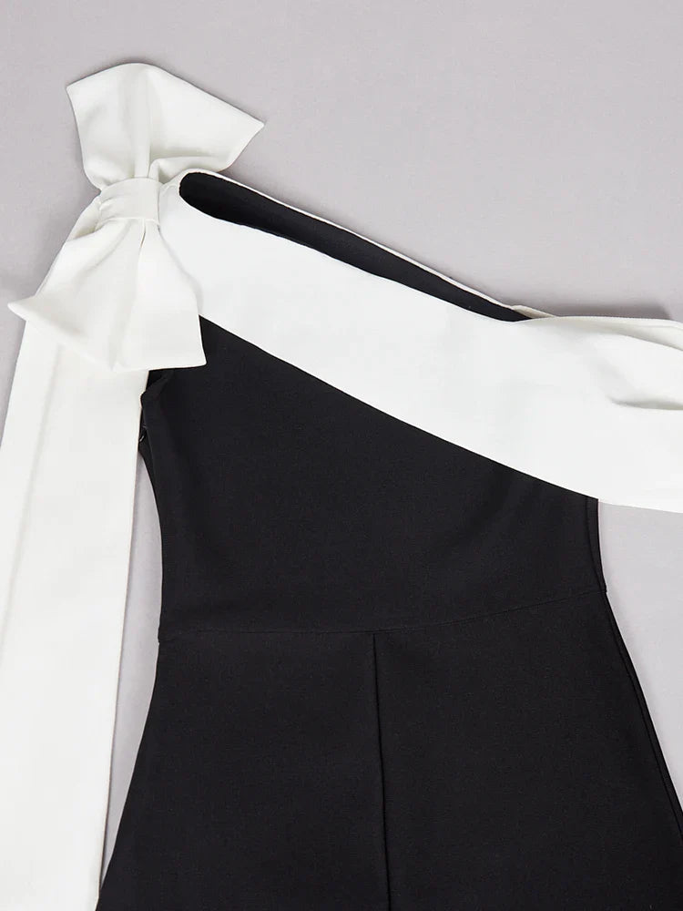 Black One Shoulder Contrast Tie Up  Midi Dress
