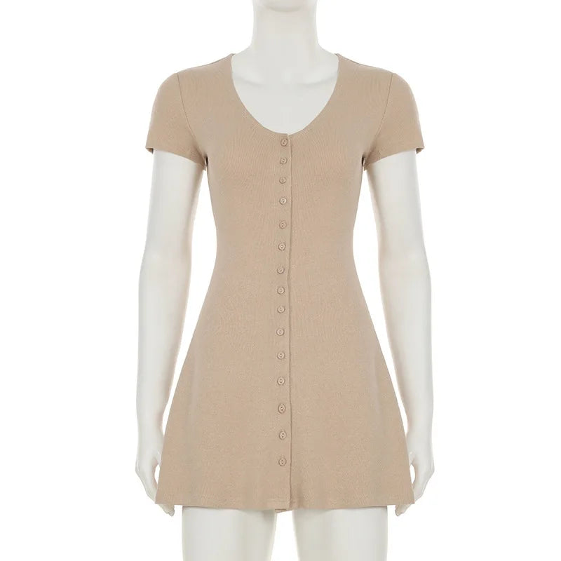 Khaki V-Neck Button Short Sleeve Knitted Mini Dress