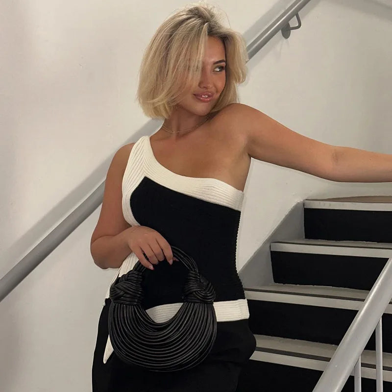 Black and White Color Block Asymmetrical One Shoulder Top