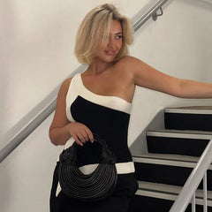 Black and White Color Block Asymmetrical One Shoulder Top