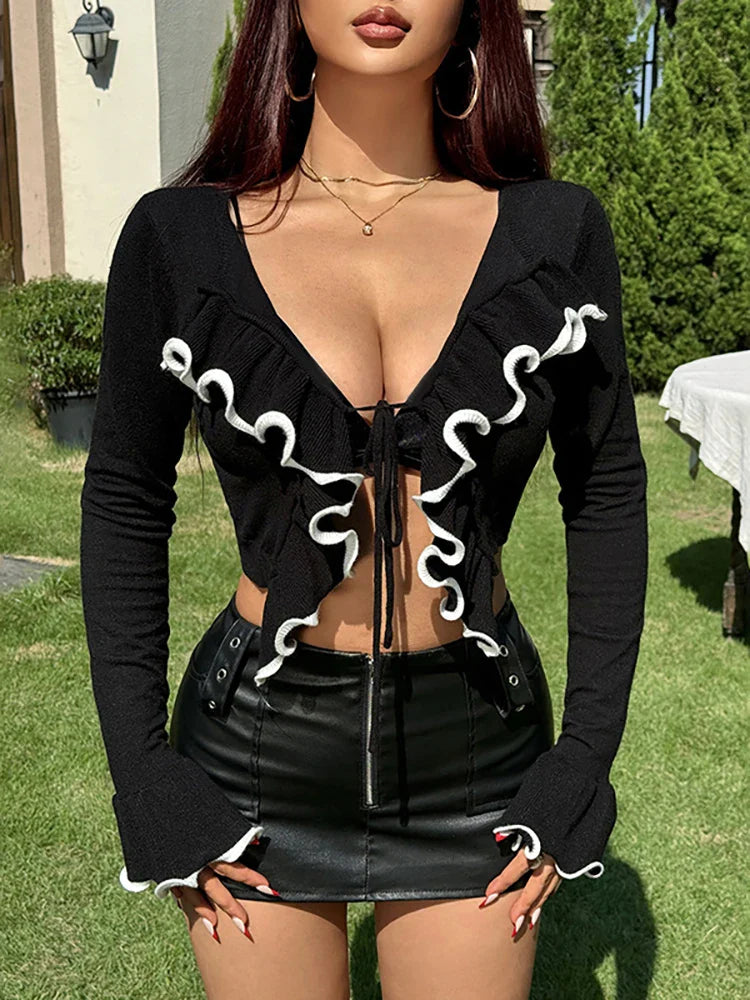 Black Long Sleeve Tie Up Ruffles Top