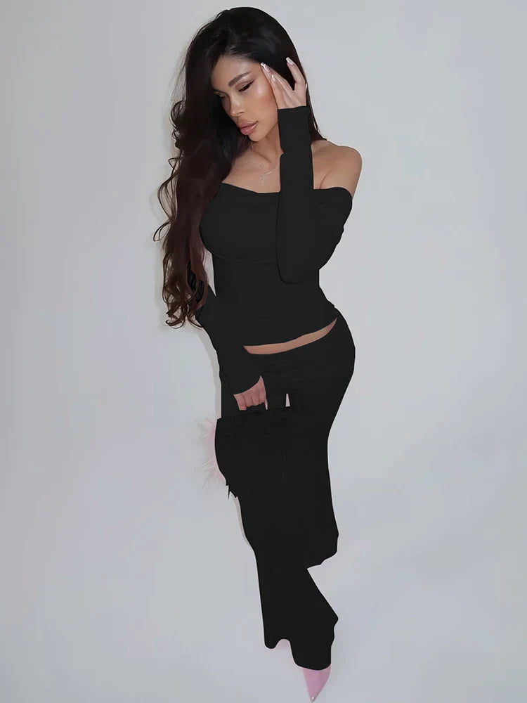 Long Sleeve Off-Shoulder Top And Ruched Pants Set