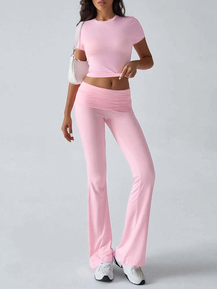 Slim Fit Two Piece Short Sleeve Top & Pant Set - Athleisure Workout Style