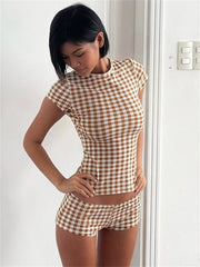 Brown Plaid Short Sleeve Top And Shorts Set 