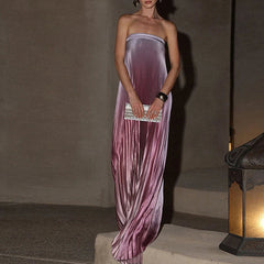 Pink Sleeveless Gradient Pleated Long Dress