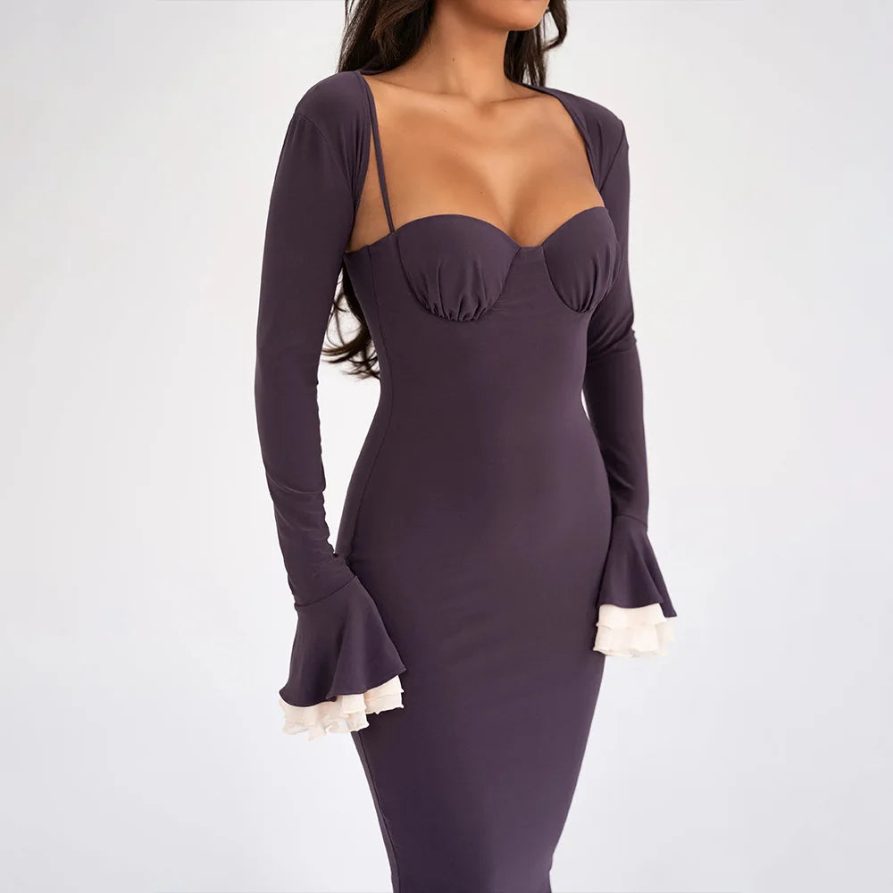 Solid Long Flared Two-piece Crop Sleeve Midi Dress