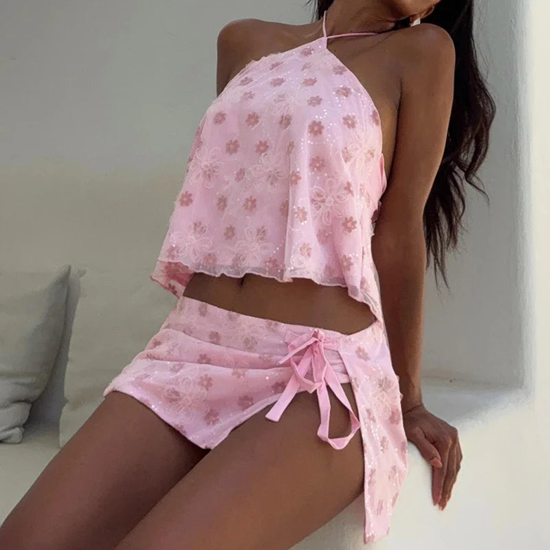 Sequin Pink Halter Camis Backless Tie Up Crop Tops + Split Mini Skirt Set