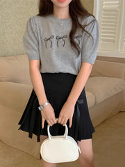 Bowknot Short Sleeve Round Neck Knit Top