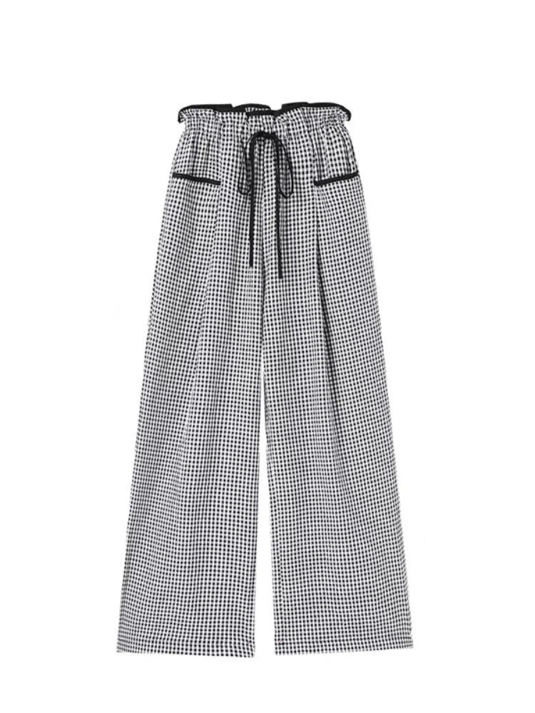 Black Plaid Drawstring Wide Leg Palazzo Pants