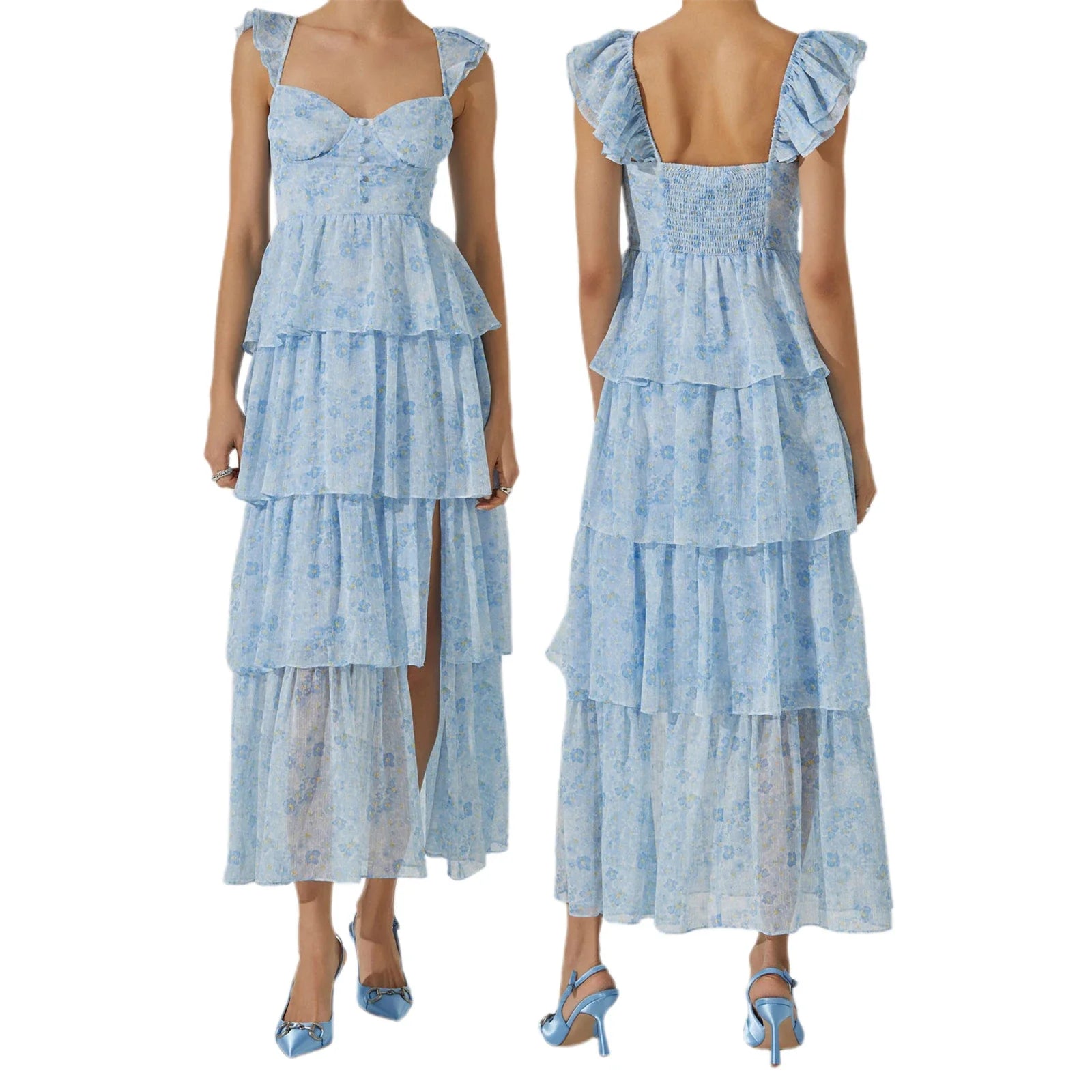 Floral Print Multi-Layered Tiered Ruffles Maxi Dress