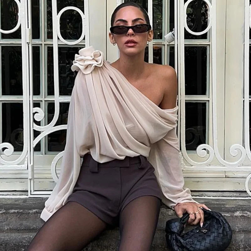 Floral Applique Mesh One Shoulder Long Sleeve Top
