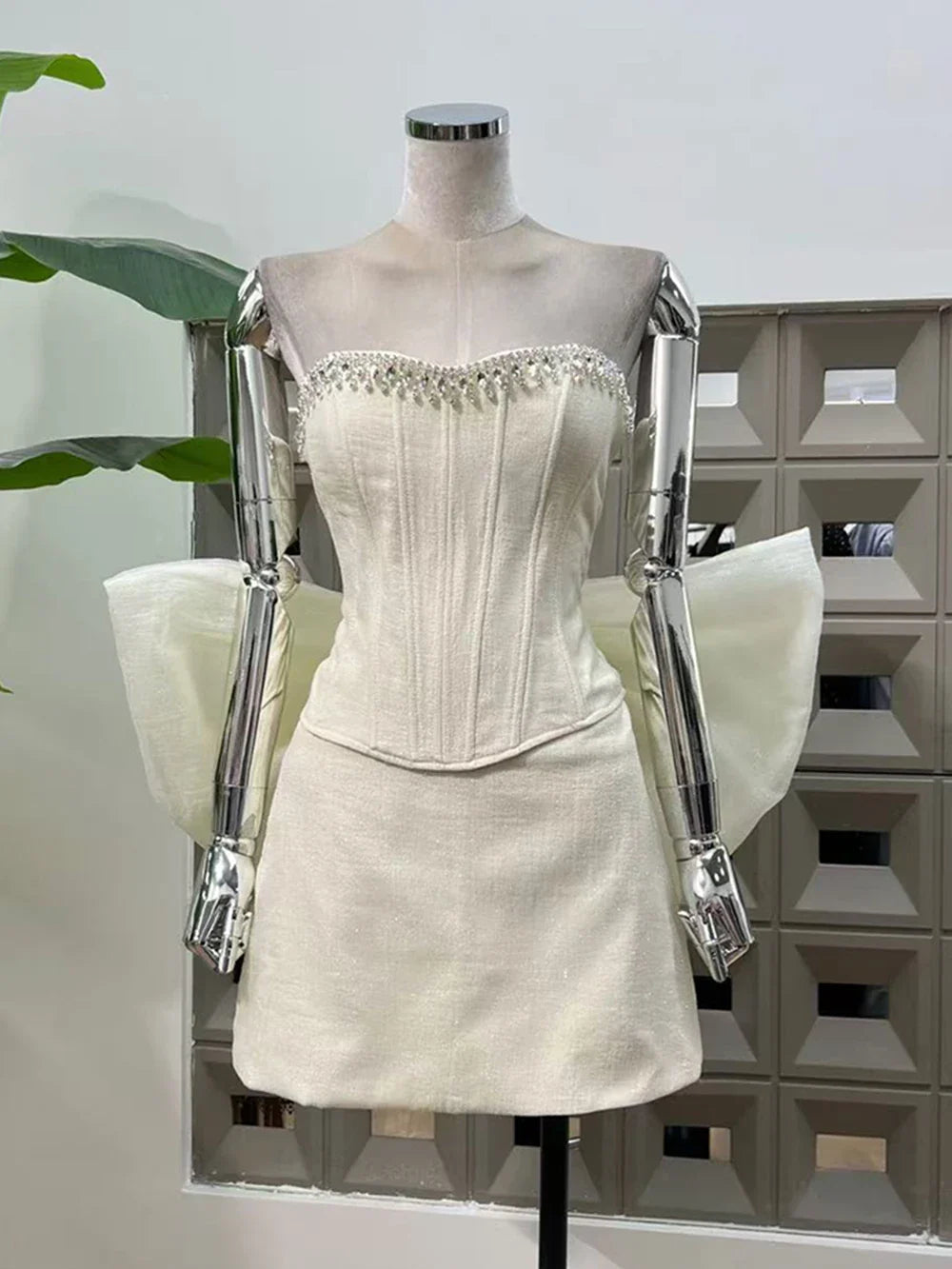 Diamond Strapless Large Bow Corset Top And Mini Skirt Set